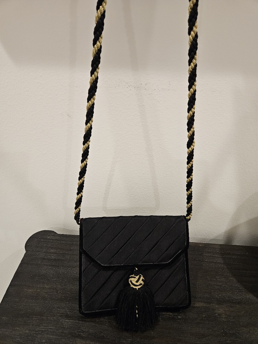Escada VintageBlack Satin Crossbody Bag with Gold-Tone Tassel - Picture 2 of 4